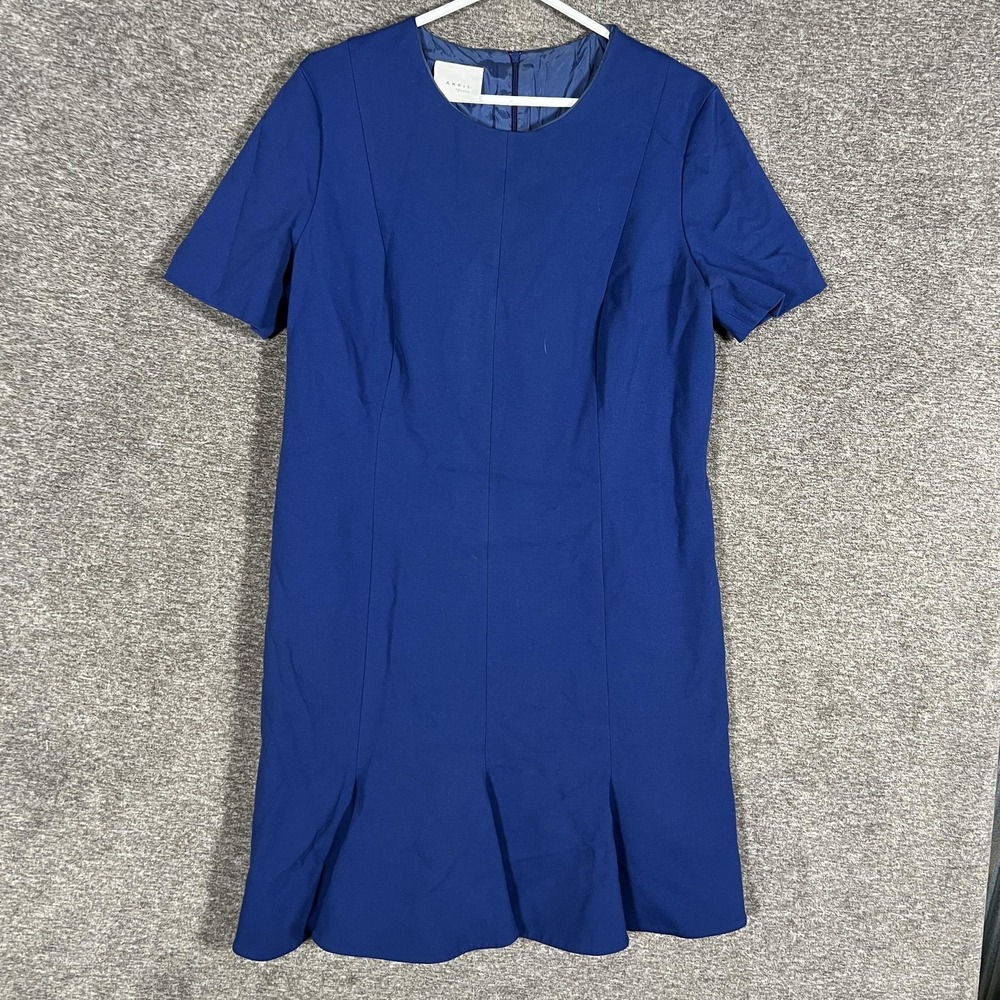 Akris Punto Dress Womens 14 Blue Short Sleeve Lined Sheath Midi Seamed Zip Back